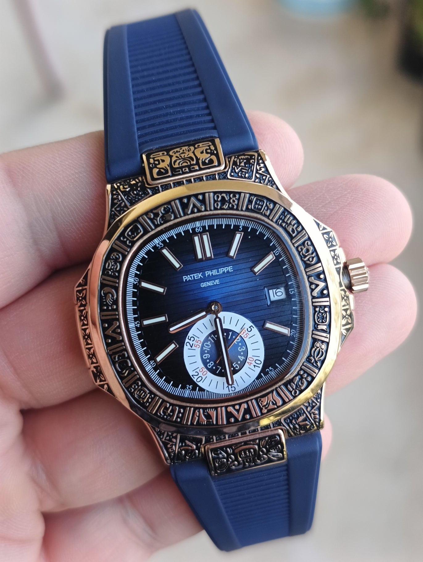 Patek Philippe Nautilus Engraved Blue RG Semi ETA